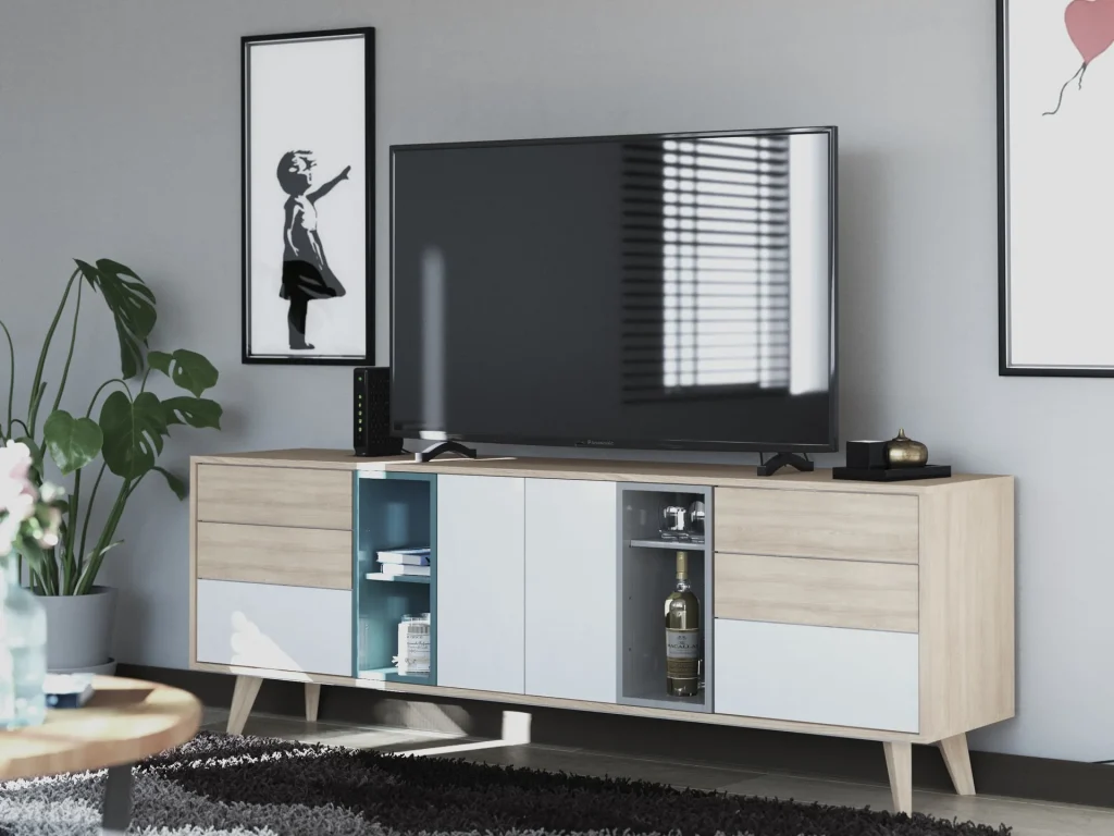 Visualización 3D mueble TV escandinavo madera y blanco con iluminación LED azul — D-Fuse Concept