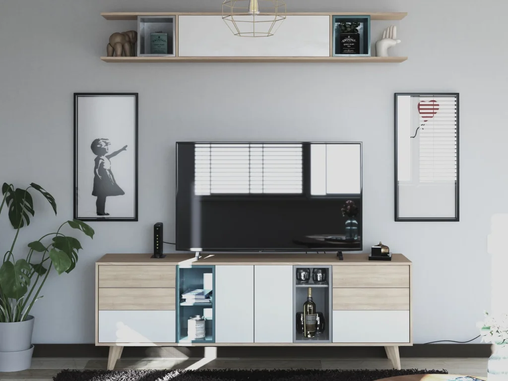 Render 3D sala con mueble TV, estante flotante y decoración minimalista — D-Fuse Concept
