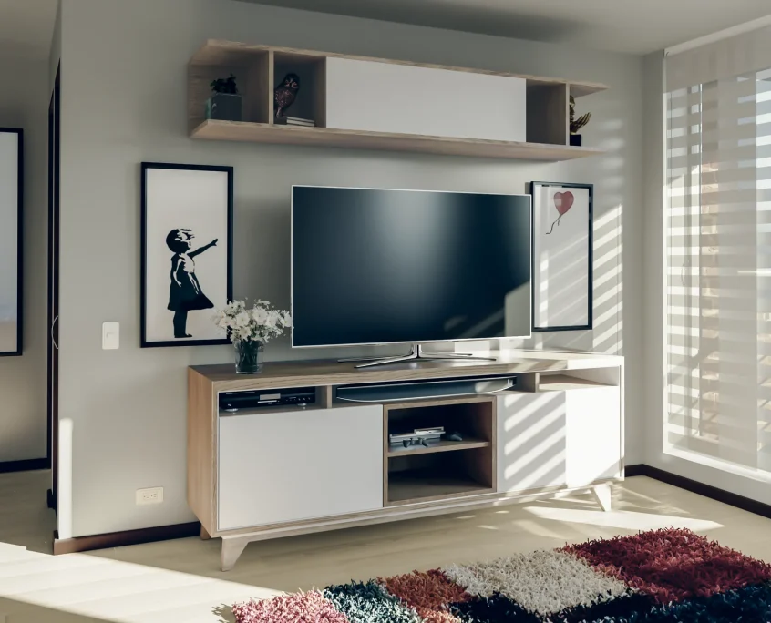 Render 3D sala con mueble TV, estante flotante y decoración minimalista — D-Fuse Concept