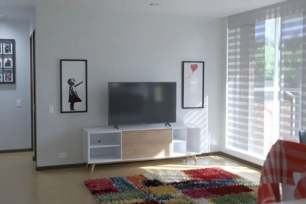 Render 3D sala residencial con mueble TV blanco y madera, alfombra colorida — D-Fuse Concept
