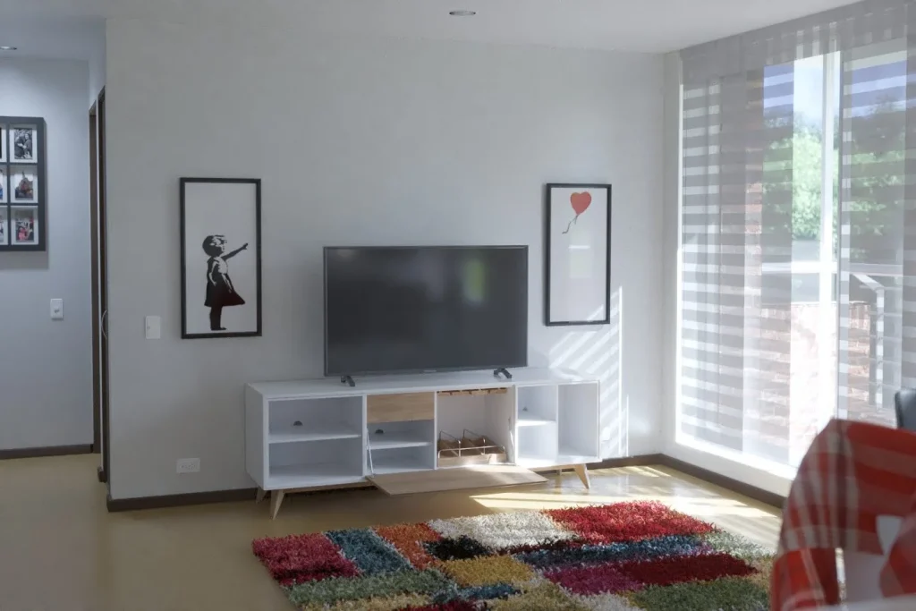 Render fotorrealista sala con mueble TV puerta abierta, iluminación natural — D-Fuse Concept